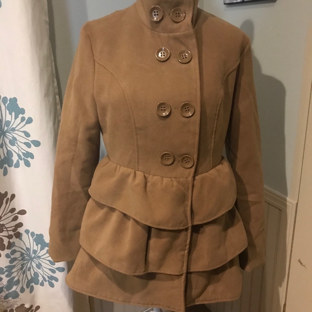 Rue 21 ruffled pea coat - camel color- Medium EUC